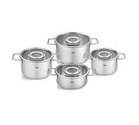Fissler Pure Collection Juego de Cacerolas de Acero Inoxidable, 4 Piezas, 3 Ollas, 1 Asadera, con Tapadera de Vidrio, Inducción