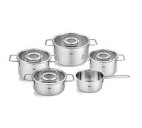 Fissler Pure Collection Juego de Cacerolas de Acero Inoxidable, 5 Piezas, 3 Ollas, 1 Asadera, 1 Cacerola, con Tapadera de Vidrio, Inducción