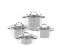Fissler San Francisco Juego de Ollas de Acero Inoxidable, 4 Piezas, Ollas con Tapaderas de Vidrio, Inducción (3 Ollas y 1 Rustidera)