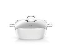 Fissler Secural Cacerola de 6,5 L y 28 cm de diámetro, acero inoxidable, con revestimiento, cacerola grande cuadrada, con tapa de cristal, apta para horno, color plata, inducción