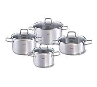 Fissler Viseo Juego de ollas de acero inoxidable, 4 piezas, 3 ollas y 1 cacerola con tapa de cristal, aptas para todo tipo de placas, inducción