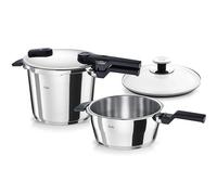 Fissler Vitaquick Juego de 3 ollas a presión (2 ollas a presión con tapadera metálica de 3,5 l y 6 l, 1 tapadera de vidrio adicional), inducción