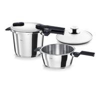 Fissler Vitaquick Juego de 3 ollas a presión (2 ollas a presión con tapadera metálica de 3,5 l y 6 l, 1 tapadera de vidrio adicional), inducción