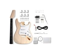 Fistrock - Kit de guitarra eléctrica para principiantes, estilo Strat, 6 cuerdas para diestros con cuerpo de tilo, cuello de arce, álamo, diapasón laminado, herrajes cromados, construye tu propia