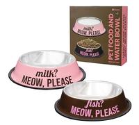 Fisura - 2 Cuencos para Gatos de Acero Inoxidable “Meow, Please”. Tazón Antideslizante para Mascota marrón y Rosa. Recipiente para Comida de 500 ml y Recipiente para Bebida de 1000 ml