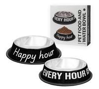 Fisura -2 Cuencos para Perros de Acero Inoxidable “Happy Hour”. Tazón Antideslizante para Mascota Negro y Blanco. Recipiente para Comida de 500 ml y Recipiente para Bebida de 1000 ml