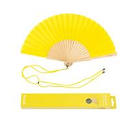 Fisura - Abanico amarillo. Abanico de madera moderno y gracioso. Abanico original para verano. Abanico con cuelga abanico. Medidas: 42,5 x 23 centímetros.