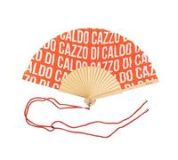 Fisura - Abanico original con mensaje “c*zzo di caldo”. Abanico de madera moderno y gracioso. Abanico rojo con patrón. Abanico con cuelga abanico. 42,5 x 23 cm.