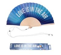 Fisura - Abanico original con mensaje “love is in the air”. Abanico para bodas de madera. Ventilador de mano azul degradado. Colgador incluido. Medidas: 42,5 x 23 cm