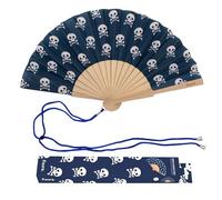 Fisura - Abanico original con estampado de calaveras. Abanico de madera moderno y colorido. Ventilador de mano mini azul. Colgador incluido. Idea de regalo divertida. Medidas: 34,5 cm x 23 cm