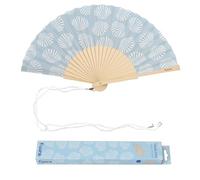 Fisura - Abanico original con estampado de conchas. Abanico de madera moderno y colorido. Ventilador de mano azul. Colgador incluido. Idea de regalo divertido. 42,5 x 23 cm