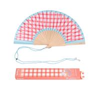 Fisura - Abanico original con estampado de cuadros vichy. Abanico de madera moderno y colorido. Ventilador de mano rosa. Colgador incluido. Medidas: 42,5 x 23 cm