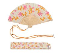 Fisura - Abanico original con estampado de flores. Abanico de madera moderno y colorido. Ventilador de mano naranja y rosa. Colgador incluido. Idea de regalo divertido. 42,5 x 23 cm
