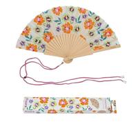 Fisura - Abanico original con estampado de flores. Abanico de madera moderno y colorido. Ventilador de mano naranja y azul. Colgador incluido. Idea de regalo divertido. 42,5 x 23 cm