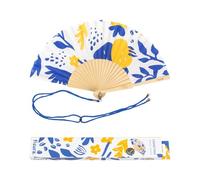 Fisura - Abanico Original con Estampado de Flores Azul y Amarillo. Abanico de Madera Moderno y Colorido. Abanico con cuelga Abanico Medidas: 42,5 x 23 cm.