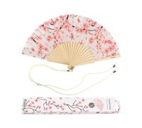 Fisura - Abanico original con estampado de flores japonesas. Abanico de madera moderno y colorido. Abanico blanco y rosa. Abanico con cuelga abanico. 42,5 x 23 cm.
