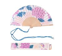 Fisura - Abanico original con estampado de hortensias. Abanico de madera moderno y colorido. Ventilador de mano rosa. Colgador incluido. Medidas: 42,5 x 23 cm