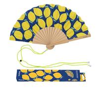 Fisura - Abanico original con estampado de limones. Abanico de madera moderno y colorido. Ventilador de mano mini azul. Colgador incluido. Idea de regalo divertida. Medidas: 34,5 cm x 23 cm