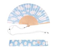 Fisura - Abanico original con estampado de nubes. Abanico de madera moderno y colorido. Ventilador de mano azul. Colgador incluido. Medidas: 42,5 x 23 cm