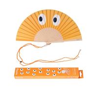 Fisura - Abanico original con estampado de ojos naranjas. Abanico de madera moderno y colorido. Ventilador de mano naranja. Colgador incluido. Medidas: 42,5 x 23 cm