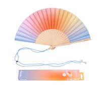 Fisura - Abanico original con estampado degradado azul y naranja. Abanico de madera moderno y colorido. Ventilador de mano original. Colgador incluido. Medidas: 42,5 x 23 cm