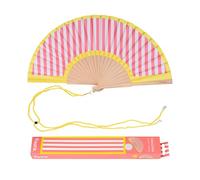 Fisura - Abanico original con estampado de ondas y rayas. Abanico de madera moderno y colorido. Ventilador de mano rosa y verde. (Rayas, amarillo y rosa)