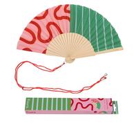 Fisura - Abanico original con estampado de ondas y rayas. Abanico de madera moderno y colorido. Ventilador de mano rosa y verde. Colgador incluido. Idea de regalo divertido. 42,5 x 23 cm
