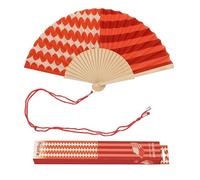 Fisura - Abanico original con estampado de rayas y ondas. Abanico de madera moderno y colorido. Ventilador de mano rojo. Colgador incluido. Idea de regalo divertido. 42,5 x 23 cm