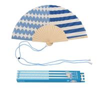 Fisura - Abanico original con estampado de rayas y ondas. Abanico de madera moderno y colorido. Ventilador de mano azul. Colgador incluido. Idea de regalo divertido. 42,5 x 23 cm