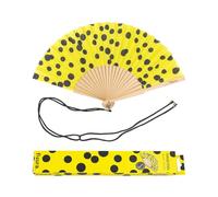 Fisura - Abanico original con estampado de lunares. Abanico de madera moderno y colorido. Abanico con cuelga abanico. Abanico amarillo y negro. Medidas: 42,5 x 23 cm.