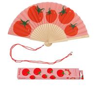 Fisura - Abanico original con estampado de tomates. Abanico de madera moderno y colorido. Ventilador de mano rojo. Colgador incluido. Idea de regalo divertido. 42,5 x 23 cm