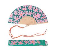Fisura - Abanico original con estampado flores retro. Abanico de madera moderno y colorido. Ventilador de mano rosa y verde. Colgador incluido. Medidas: 42,5 x 23 cm