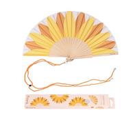Fisura - Abanico original con estampado girasol. Abanico de madera moderno y colorido. Ventilador de mano amarillo. Colgador incluido. Medidas: 42,5 x 23 cm