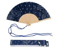 Fisura - Abanico Original con Estampado Paisley Azul. Abanico de Madera Moderno y Colorido. Ventilador de Mano Azul Marino. Colgador Incluido. Idea de Regalo Divertido. 42,5 x 23 cm