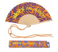 Fisura - Abanico Original con Mensaje “Alors on Dance”. Abanico de Madera Moderno y Colorido. Ventilador de Mano Naranja y Morado. Colgador Incluido. Idea de Regalo Divertida. 42,5 x 23 cm