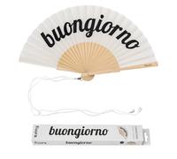 Fisura - Abanico Original con Mensaje “Buongiorno”. Abanico de Madera Moderno y Colorido. Ventilador de Mano Blanco. Colgador Incluido. Idea de Regalo Divertida. 42,5 x 23 cm