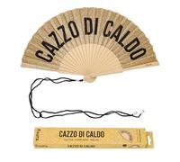 Fisura - Abanico Original con Mensaje “c*zzo di Caldo”. Abanico de Madera Moderno y Colorido. Ventilador de Mano de Purpurina Dorada. Colgador Incluido. Idea de Regalo Divertida. 42,5 x 23 cm