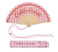 Fisura - Abanico original con mensaje “Caldo d'estate. Abanico de madera moderno y colorido. Ventilador de mano cuadros rosas. Colgador incluido. Idea de regalo divertida. 42,5 x 23 cm