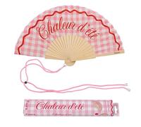 Fisura - Abanico Original con Mensaje “Chaleur d'été”. Abanico de Madera Moderno y Colorido. Ventilador de Mano Cuadros Rosas. Colgador Incluido. Idea de Regalo Divertida. 42,5 x 23 cm