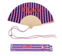 Fisura - Abanico Original con Mensaje Ciao. Abanico de Madera Moderno y Colorido. Ventilador de Mano de Purpurina Rayas Azules y Rosas. Colgador Incluido. Idea de Regalo Divertida. 42,5 x 23 cm