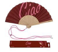 Fisura - Abanico original con mensaje “ciao”. Abanico de madera moderno y colorido. Ventilador de mano mini marrón. Colgador incluido. Idea de regalo divertida. Medidas: 34,5 cm x 23 cm