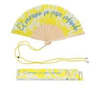 Fisura - Abanico original con mensaje “El verano”. Abanico de madera moderno y colorido. Ventilador de mano amarillo. Colgador incluido. Idea de regalo divertida. 42,5 x 23 cm