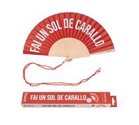 Fisura - Abanico original con mensaje “fai un sol de carallo” Abanico de madera moderno y colorido. Ventilador de mano rojo. Colgador incluido. Medidas: 42,5 x 23 cm