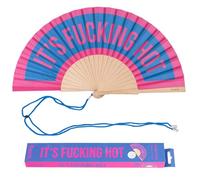 Fisura - Abanico original con mensaje “f*cking hot”. Abanico de madera moderno y colorido. Ventilador de mano azul y rosa. Colgador incluido. Medidas: 42,5 x 23 cm