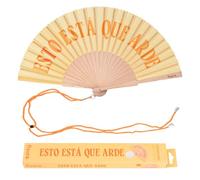 Fisura - Abanico original con mensaje “está que arde”. Abanico de madera moderno y colorido. Ventilador de mano amarillo. Colgador incluido. Medidas: 42,5 x 23 cm