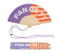 Fisura - Abanico original con mensaje “Fan de ti”. Abanico de madera moderno y colorido. Ventilador de mano morado y rayas naranja. Colgador incluido. Idea de regalo divertida. 42,5 x 23 cm