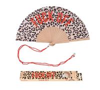 Fisura - Abanico original con mensaje “f*ck off”. Abanico de madera moderno y colorido. Ventilador de mano leopardo y rojo. Colgador incluido. Medidas: 42,5 x 23 cm