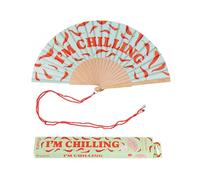 Fisura - Abanico original con mensaje “I’m chilling” Abanico de madera moderno y colorido. Ventilador de mano azul y rojo. Colgador incluido. Medidas: 42,5 x 23 cm