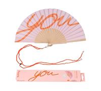 Fisura - Abanico original con mensaje “you”. Abanico de madera moderno y colorido. Ventilador de mano rosa y naranja. Colgador incluido. Medidas: 42,5 x 23 cm