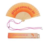 Fisura - Abanico original con mensaje “Have sun”. Abanico de madera moderno y colorido. Ventilador de mano naranja degradado. Colgador incluido. Idea de regalo divertida. 42,5 x 23 cm